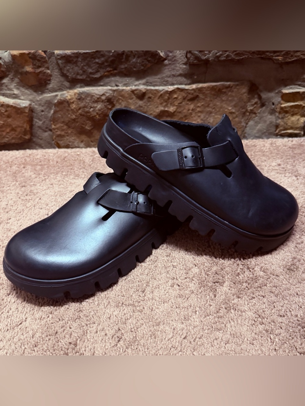 Birkenstock Papillio Boston Chunky Exquisite Leather Clogs Black Platform Sz 9
